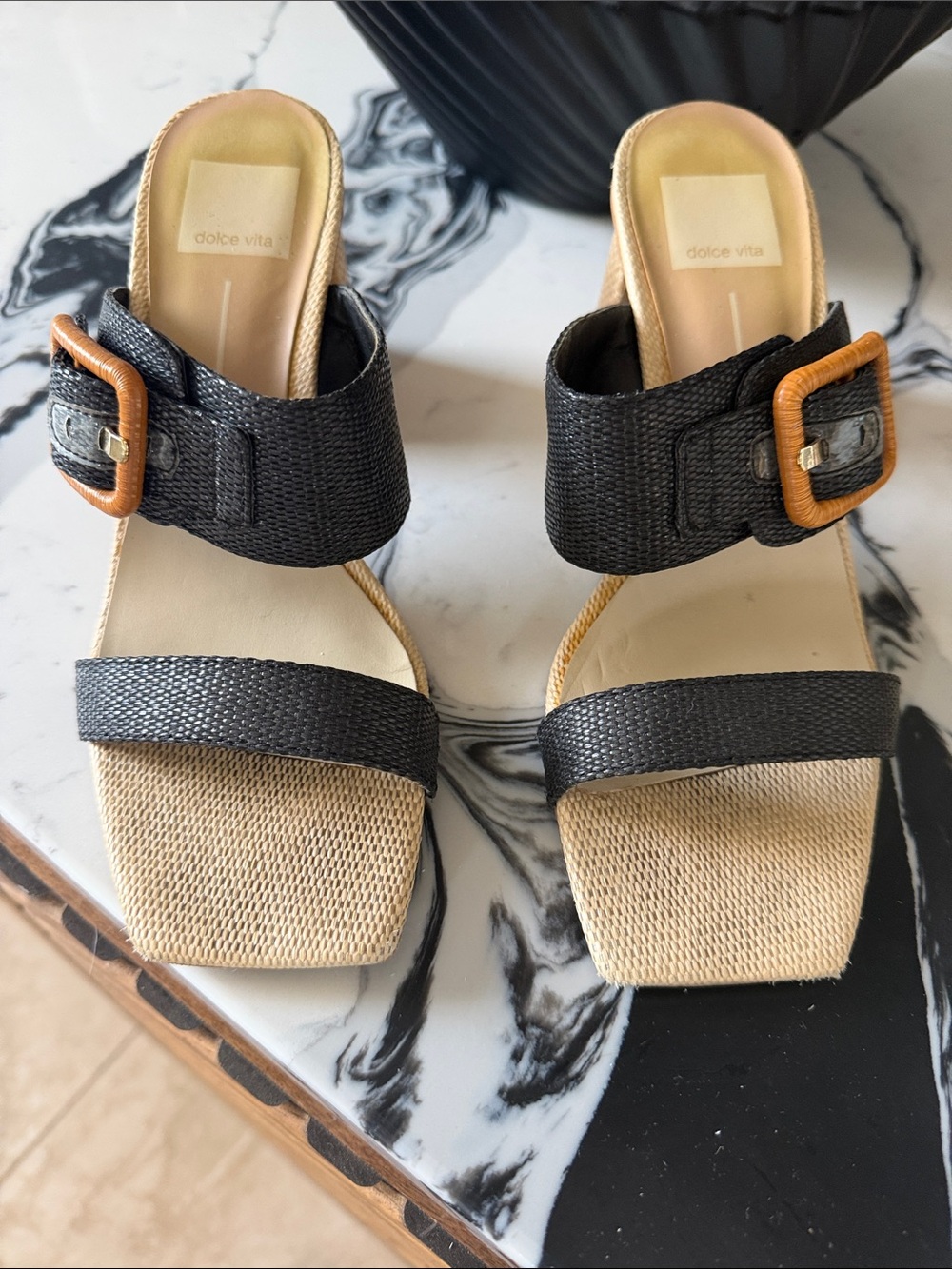 Dolce Vita Black Strap Slide Mules with Tan Buckle